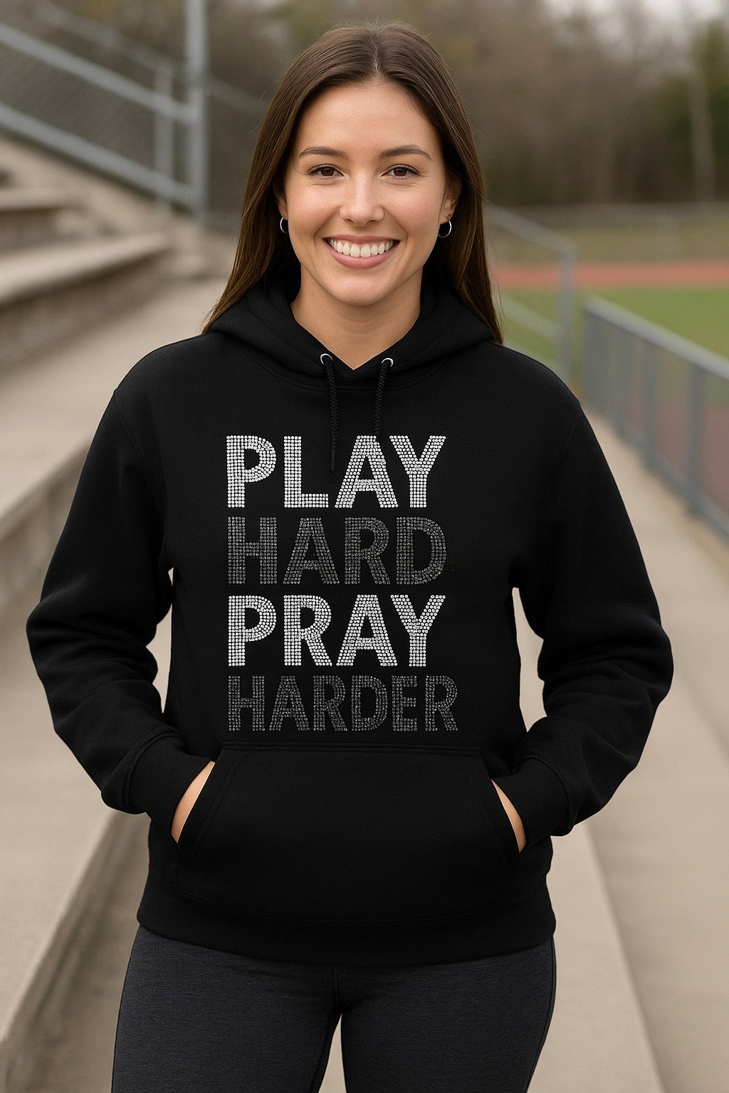 Play Hard. Pray Harder. – Rhinestone Performance Hoodie