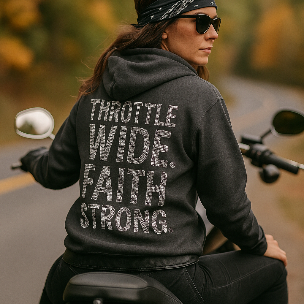 Throttle Wide. Faith Strong. Hoodie (Back Print)
